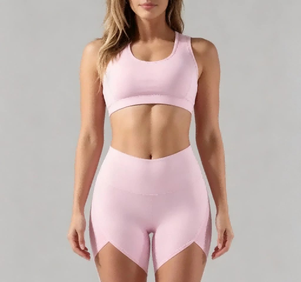 Straight full front view Haideyu private label light pink seamless yoga set thin mesh cross back bra color block mesh leggings casual loungewear custom workout apparel