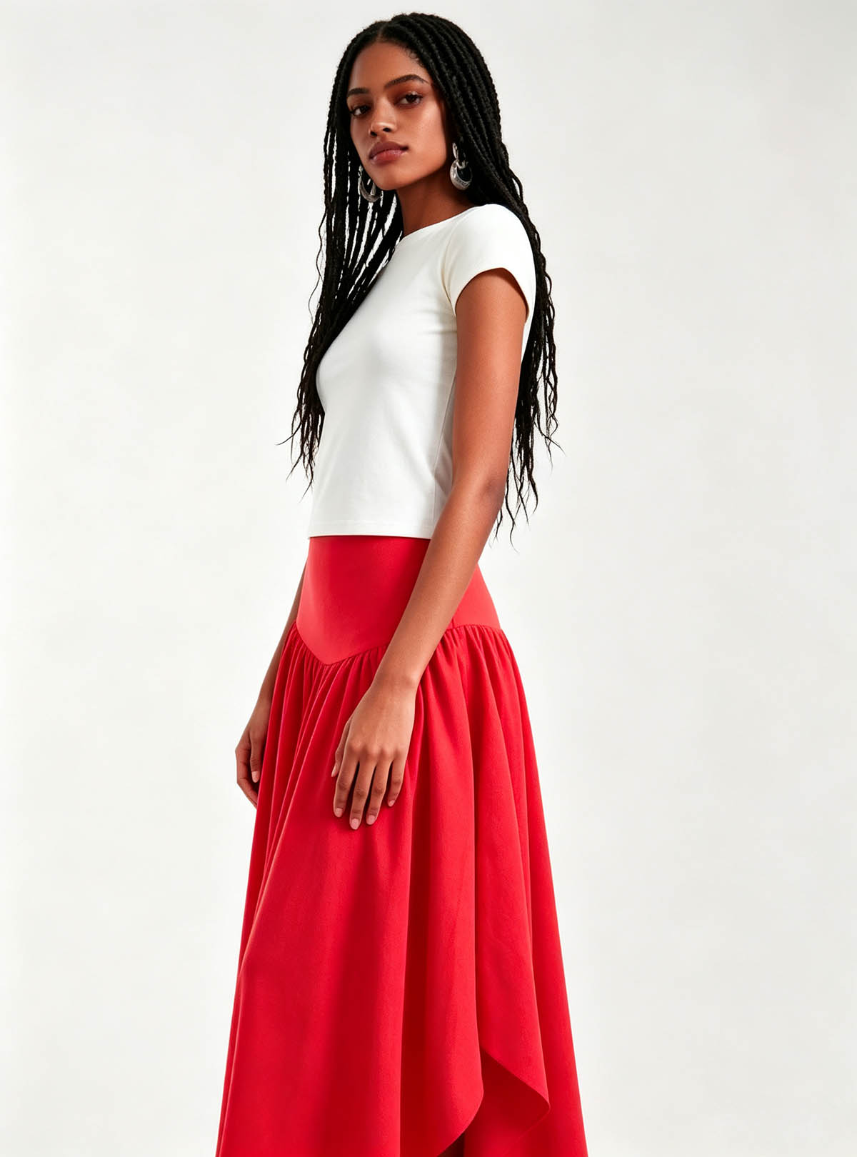 Straight front view Haideyu private label red high waist flowy maxi skirt uneven ruffle hem breathable summer custom skirt