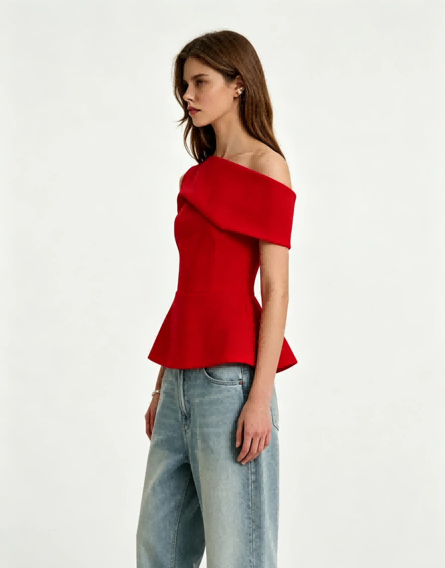 Straight bust view Haideyu private label red structured off shoulder top folded ruffle neck slim cropped hem formal custom casual top