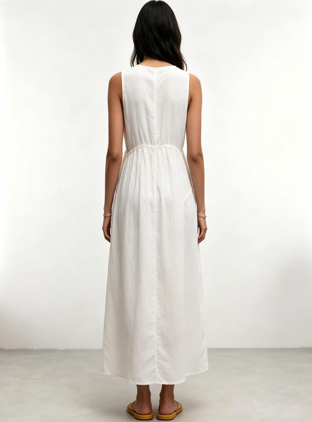 Back full view Haideyu private label white sleeveless tiered midi dress plain back design breathable summer custom dress