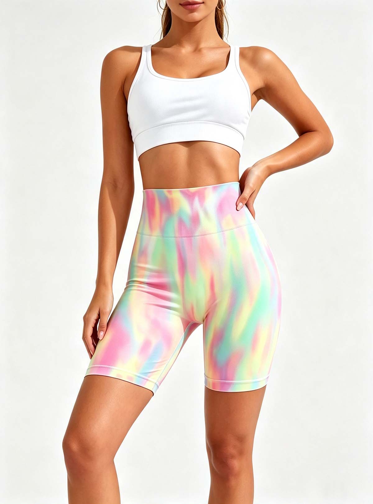 Haideyu women seamless rainbow tie‑dye high‑waist biker shorts, wrinkle‑free smooth stretch fabric, colourful gradient athletic shorts, custom sportswear OEM ODM service