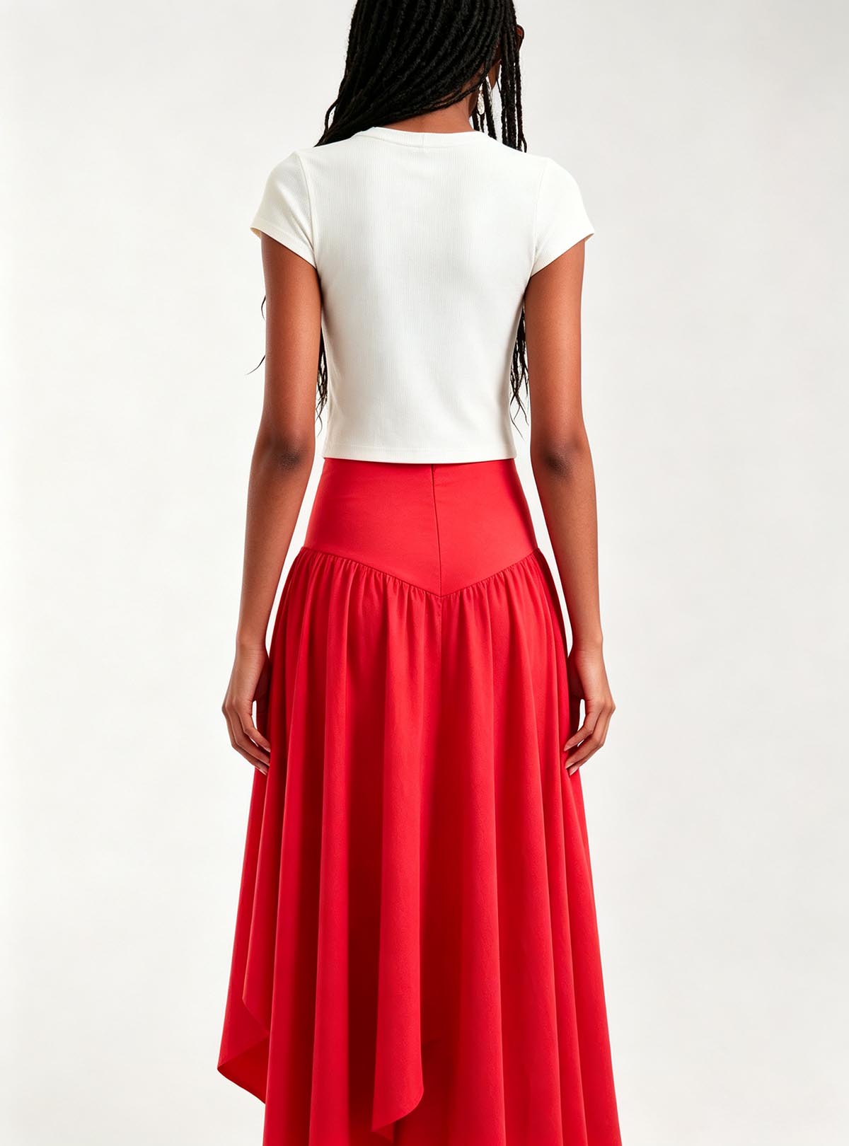 Haideyu Red Asymmetrical Maxi Skirt Back View, Women High‑Waist Flared Long Skirt, ODM Custom‑made Apparel