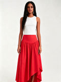 Haideyu Red Asymmetrical Maxi Skirt Back View, Women High‑Waist Flared Long Skirt, ODM Custom‑made Apparel