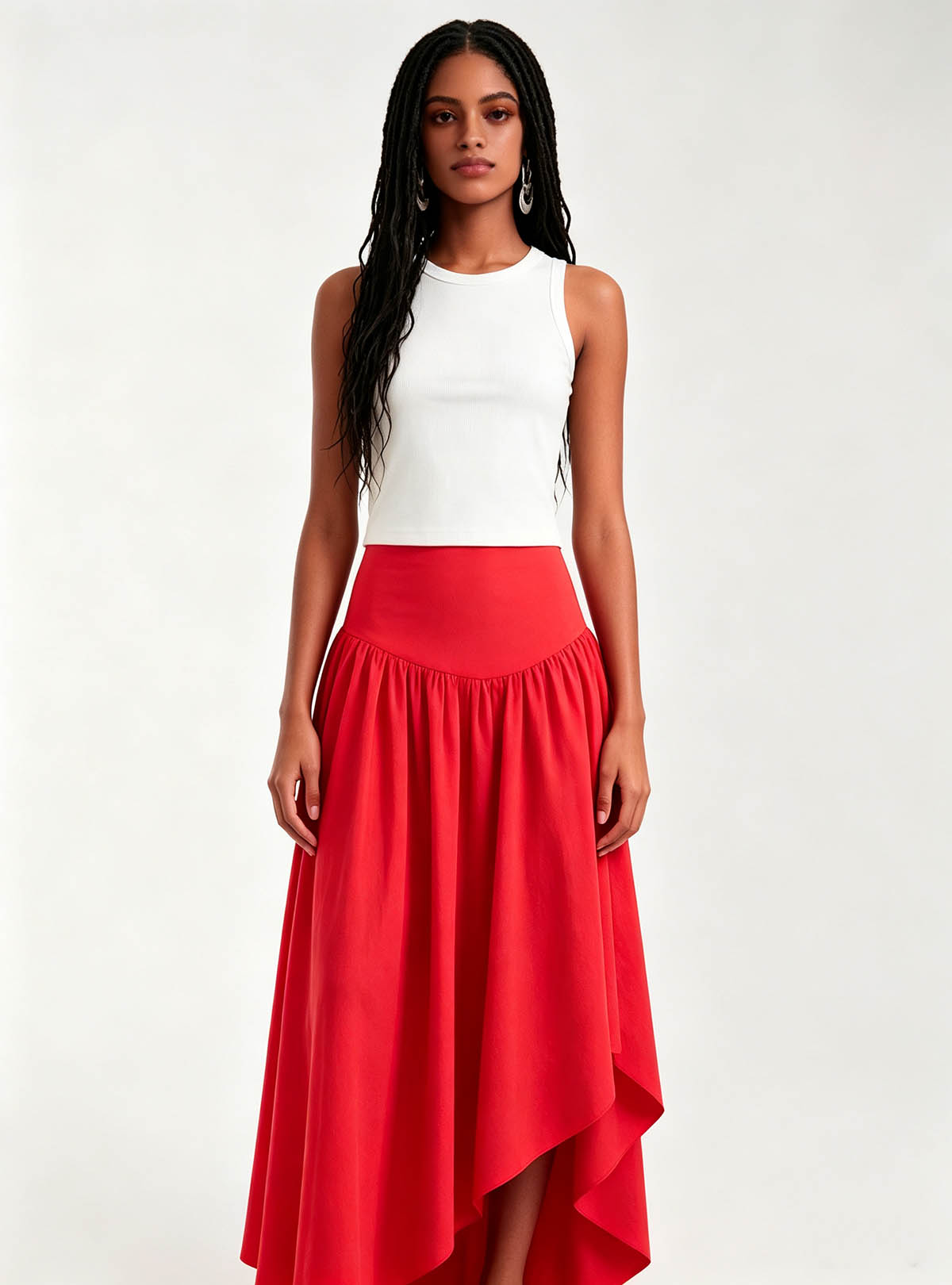 Haideyu Red Asymmetrical Maxi Skirt Back View, Women High‑Waist Flared Long Skirt, ODM Custom‑made Apparel