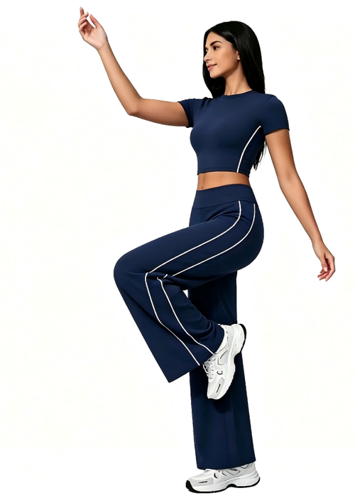 Haideyu private label custom retro contrast white piping tracksuit for women, slim crop tee loose wide leg trousers, lady lifting arm casual street daily wear studio product photo