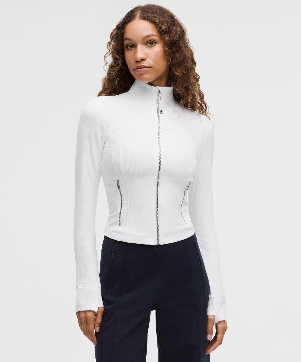 White ribbed cropped zip up athletic jacket stand collar slim fit front view custom activewear from haideyu.com