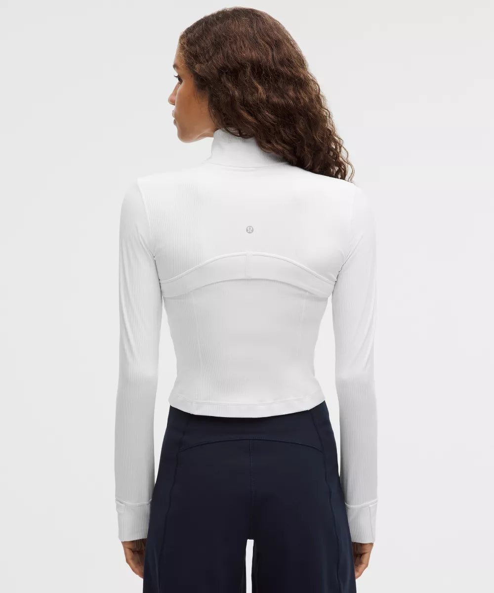Back stitching detail of Haideyu ribbed cropped stand collar zip up jacket custom logo activewear