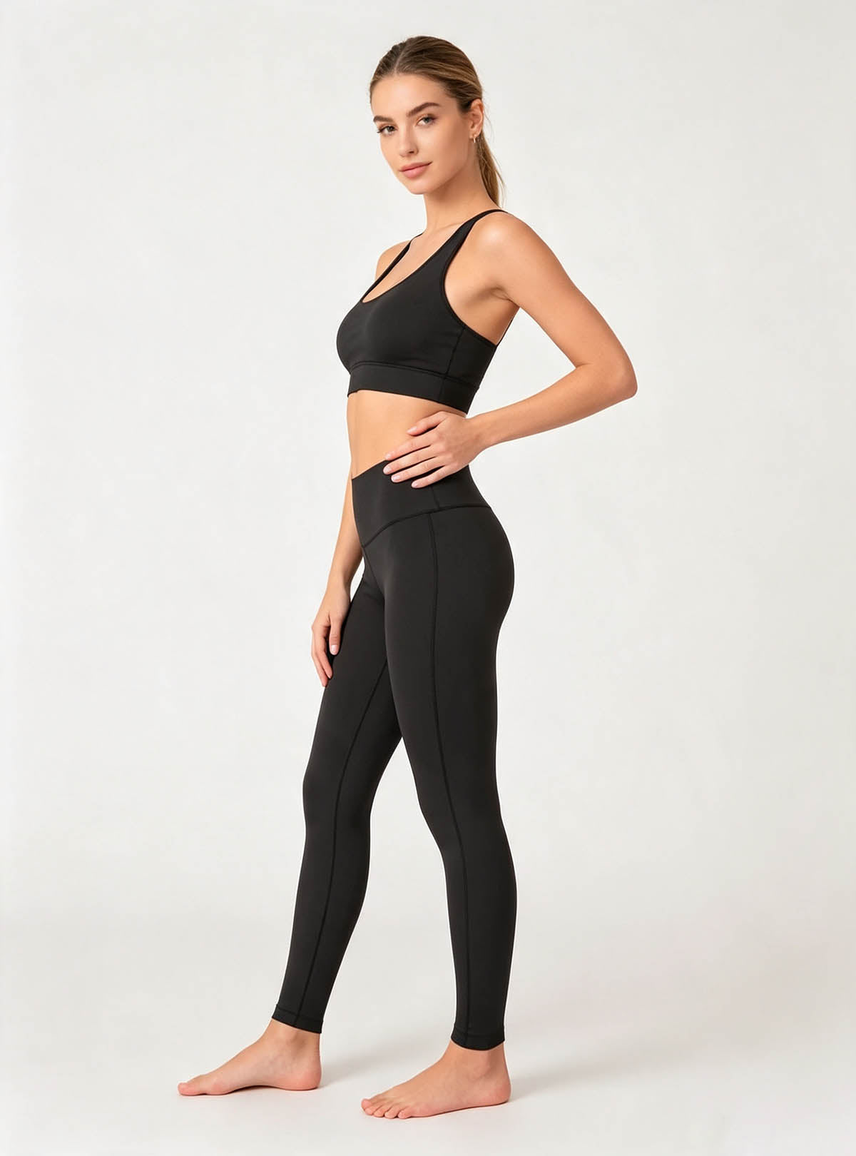 Haideyu Buttery‑Soft Stretchy Black Workout Leggings, Side Profile Female Model Shot, Custom‑Made Ladies Activewear ODM Custom‑Production Service
