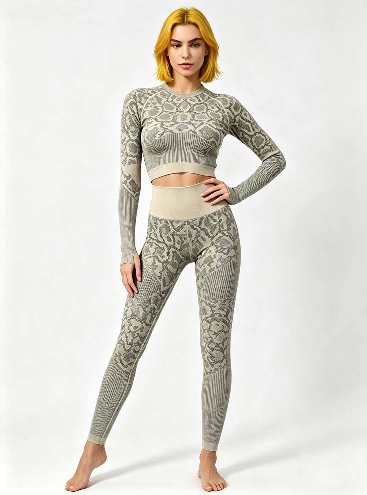 Haideyu women grey snake‑pattern two‑piece workout outfit, cropped long‑sleeve top and high‑waist leggings, ribbed stretch fabric, custom sportswear OEM ODM service