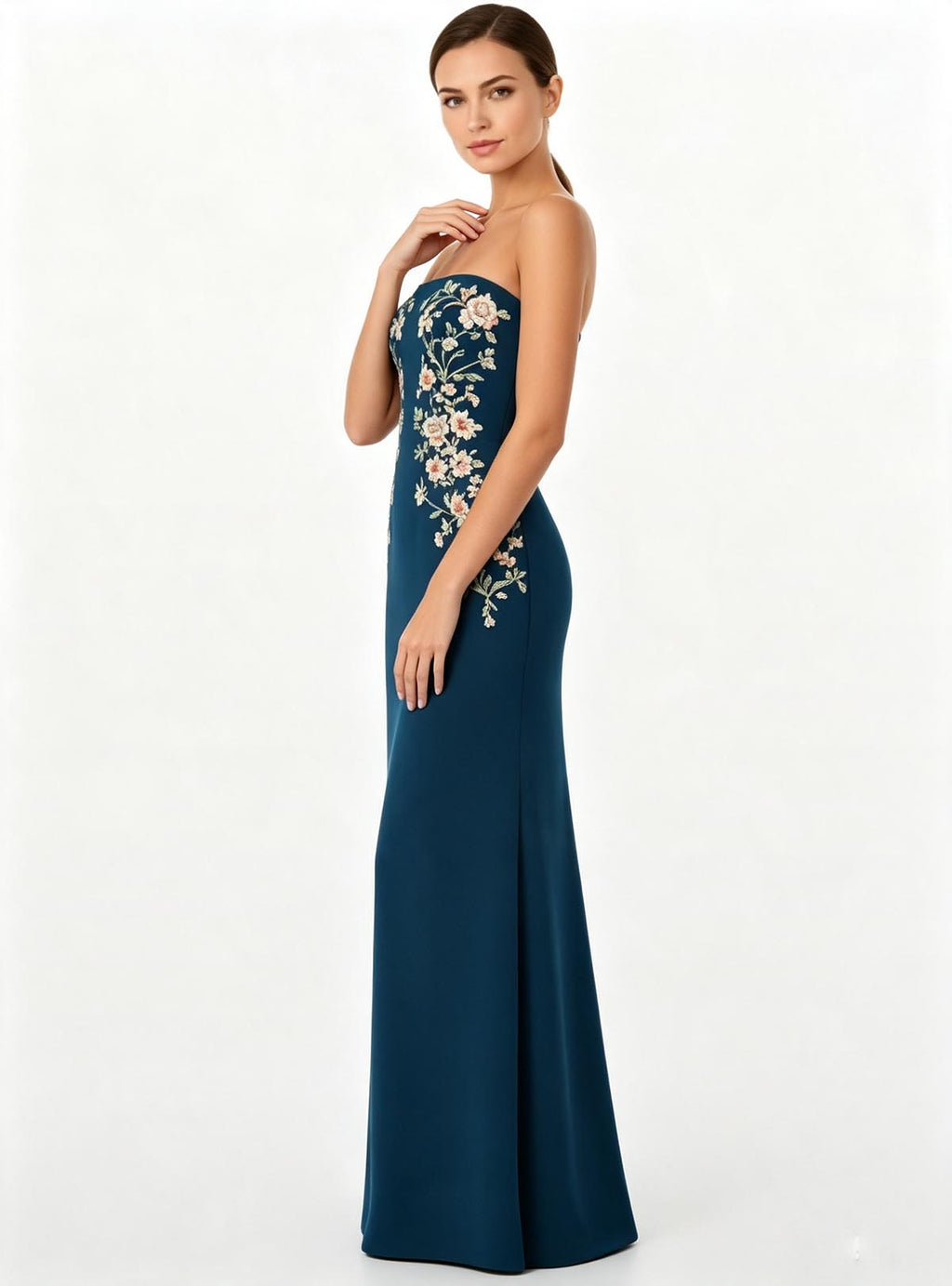 Haideyu Teal Strapless Floor‑Length Evening Gown With Delicate Floral Embroidery, Elegant Formal Party Long Dress Bespoke Ladies Apparel Private‑Label OEM ODM Manufacturing