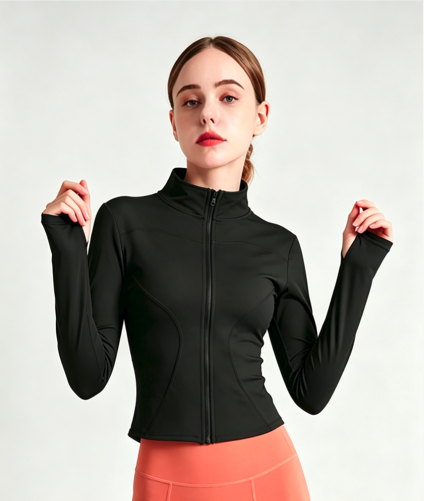 Haideyu ODM custom slim fit workout jacket front shot, model displaying thumb hole cuffs, stretch fabric full zip cropped gym jacket