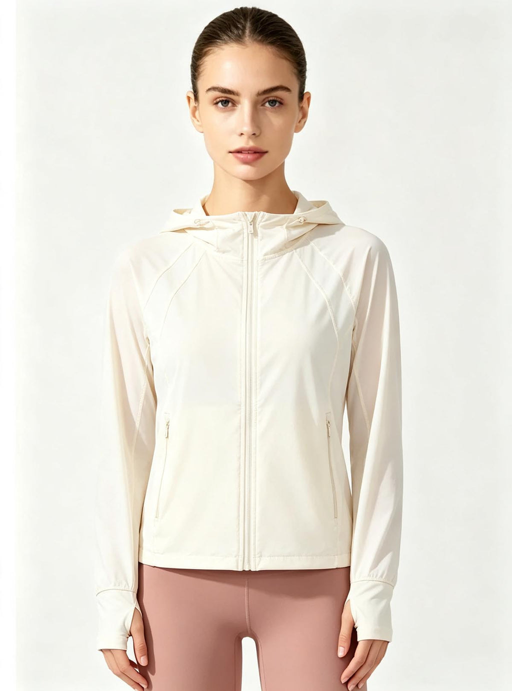 Haideyu custom women UPF40 hooded sun protection jacket, lightweight full zip outdoor coat, OEM custom activewear, white studio background front full body shot