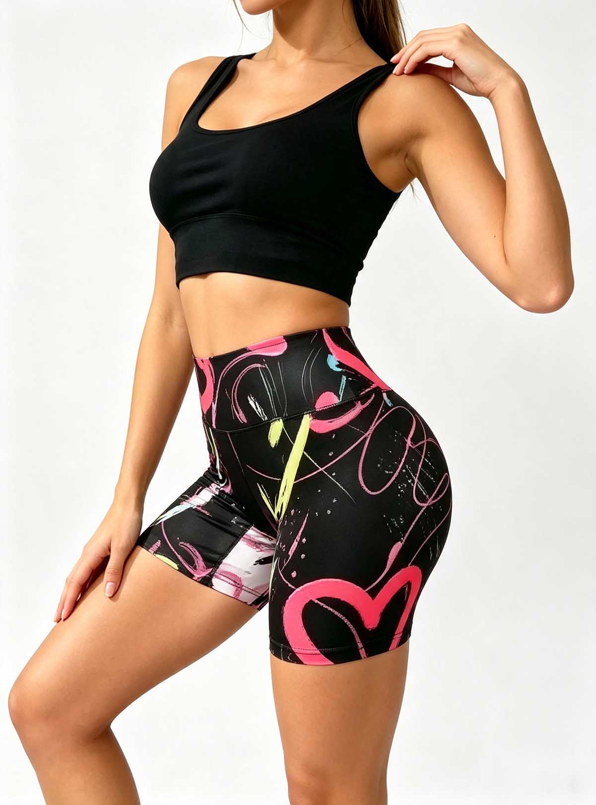 Haideyu fashionable printed compression biker shorts, eye‑catching multicolored heart artwork, customizable women athletic bottoms OEM ODM customization