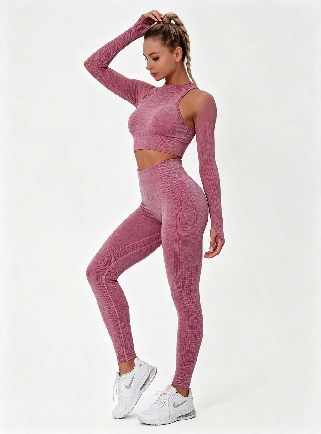 Haideyu ladies waffle textured pink gym two‑piece set, breathable stretch activewear, bespoke apparel OEM ODM service