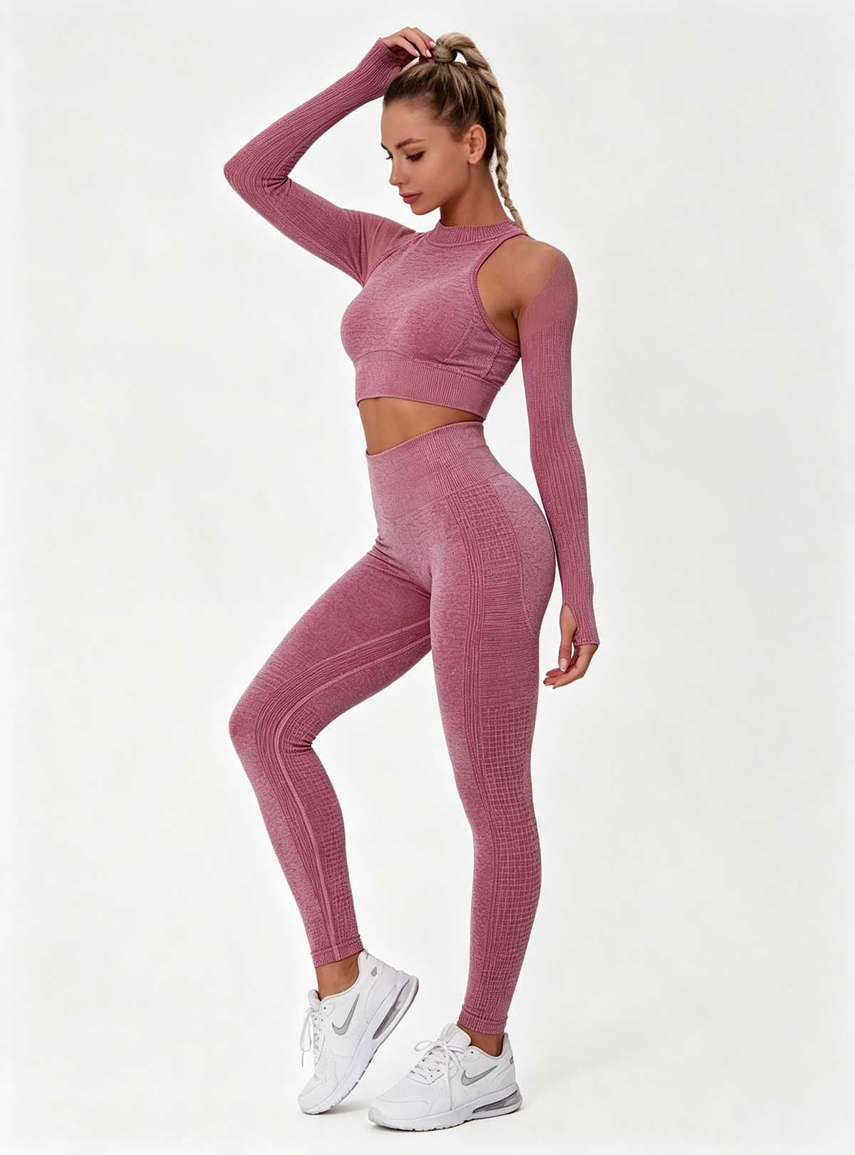 Haideyu ladies waffle textured pink gym two‑piece set, breathable stretch activewear, bespoke apparel OEM ODM service
