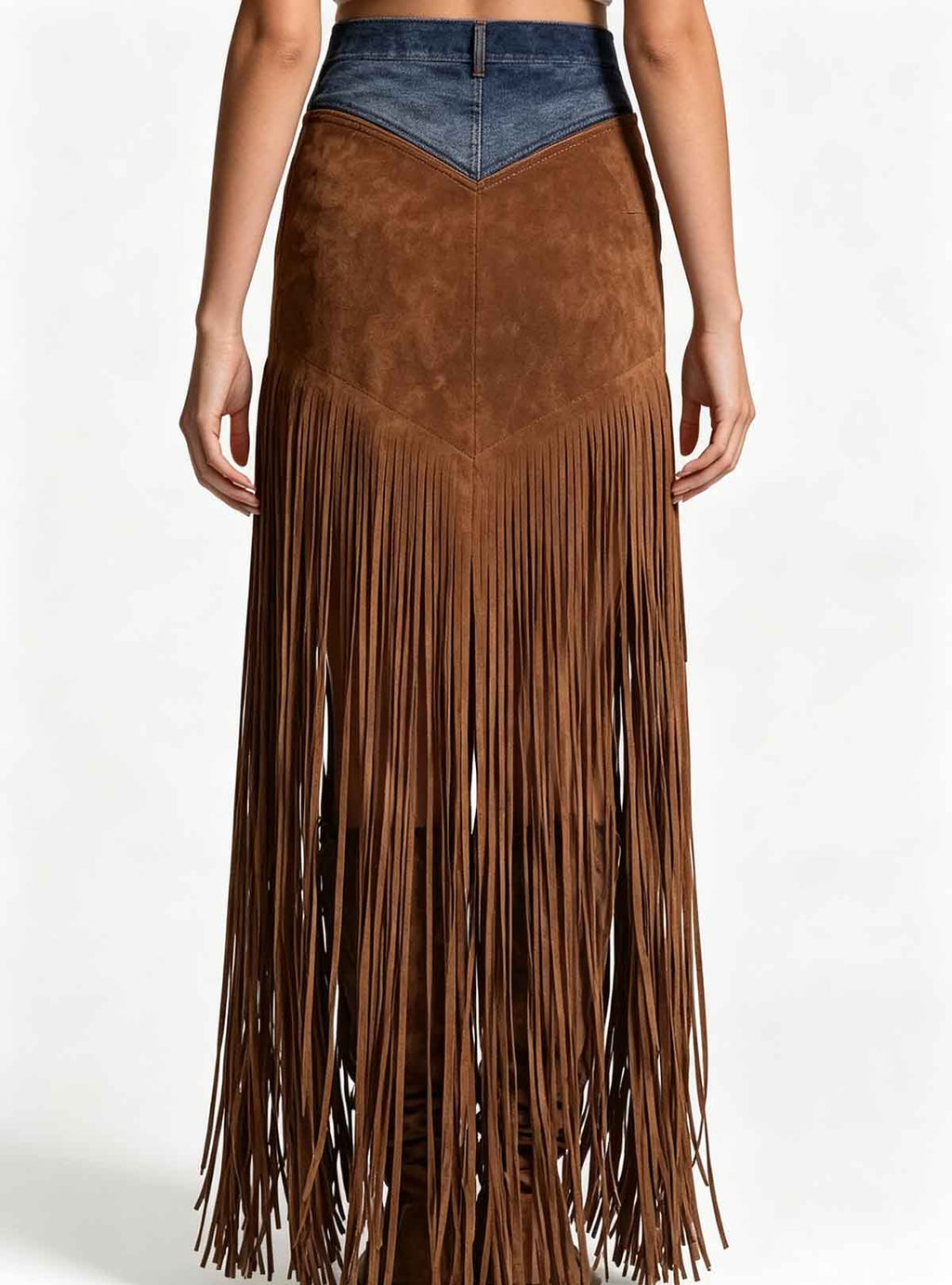 Haideyu OEM women western style fringe maxi skirt, denim spliced waistband, suede look high split long skirt, back full body shot on plain white background
