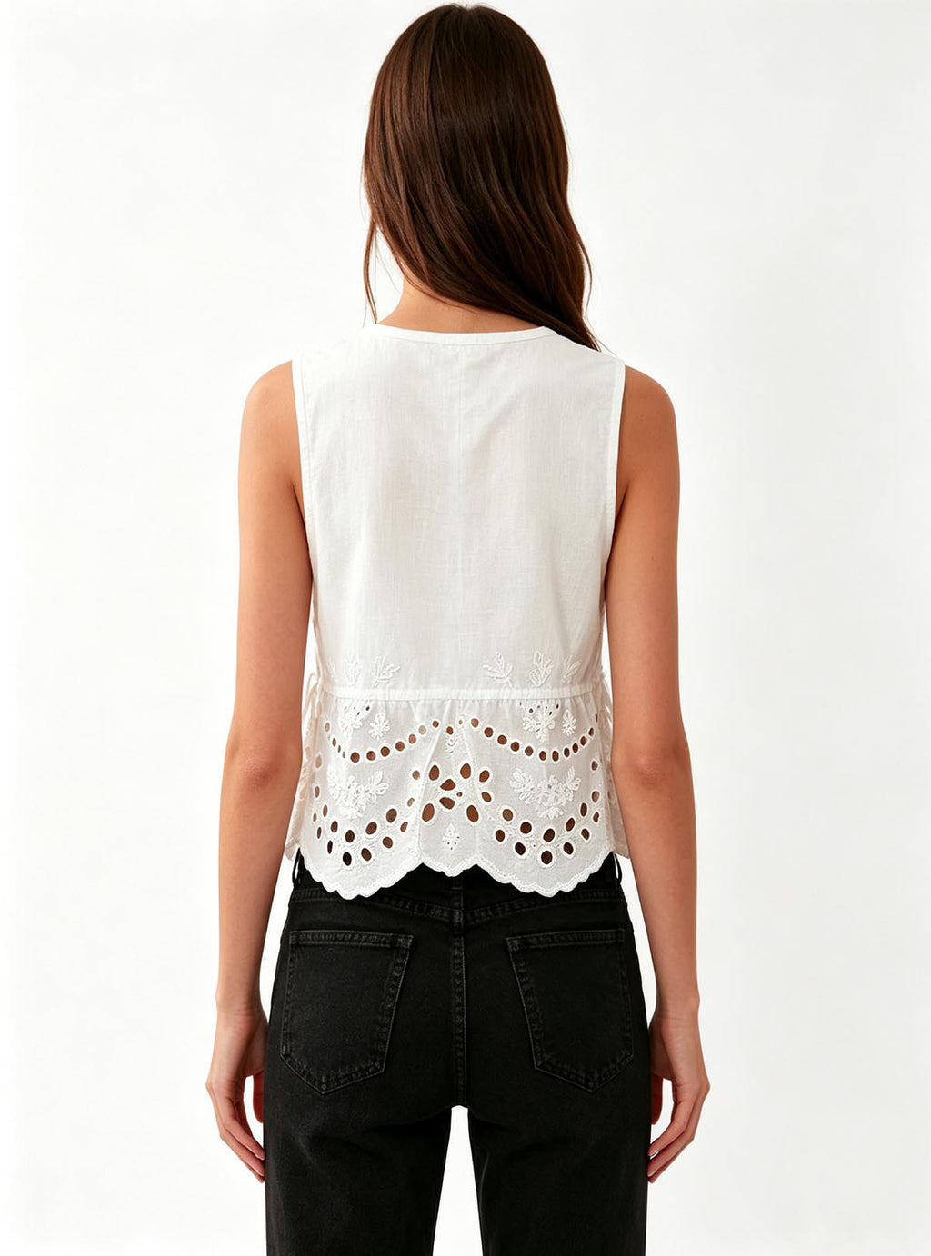 Haideyu White Eyelet Embroidered Sleeveless Crop Top Back View, Custom Women Summer Blouse, ODM Garment Manufacturing