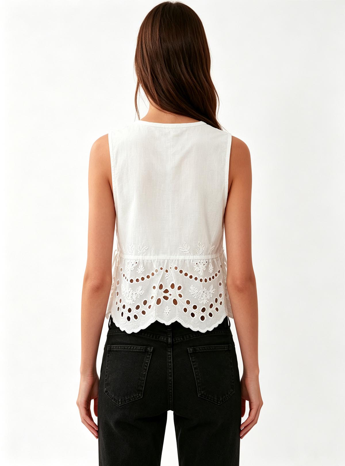 Haideyu White Eyelet Embroidered Sleeveless Crop Top Back View, Custom Women Summer Blouse, ODM Garment Manufacturing