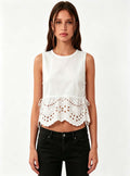 Haideyu White Eyelet Embroidered Sleeveless Crop Top, Women Side Tie Casual Blouse, OEM Custom Apparel