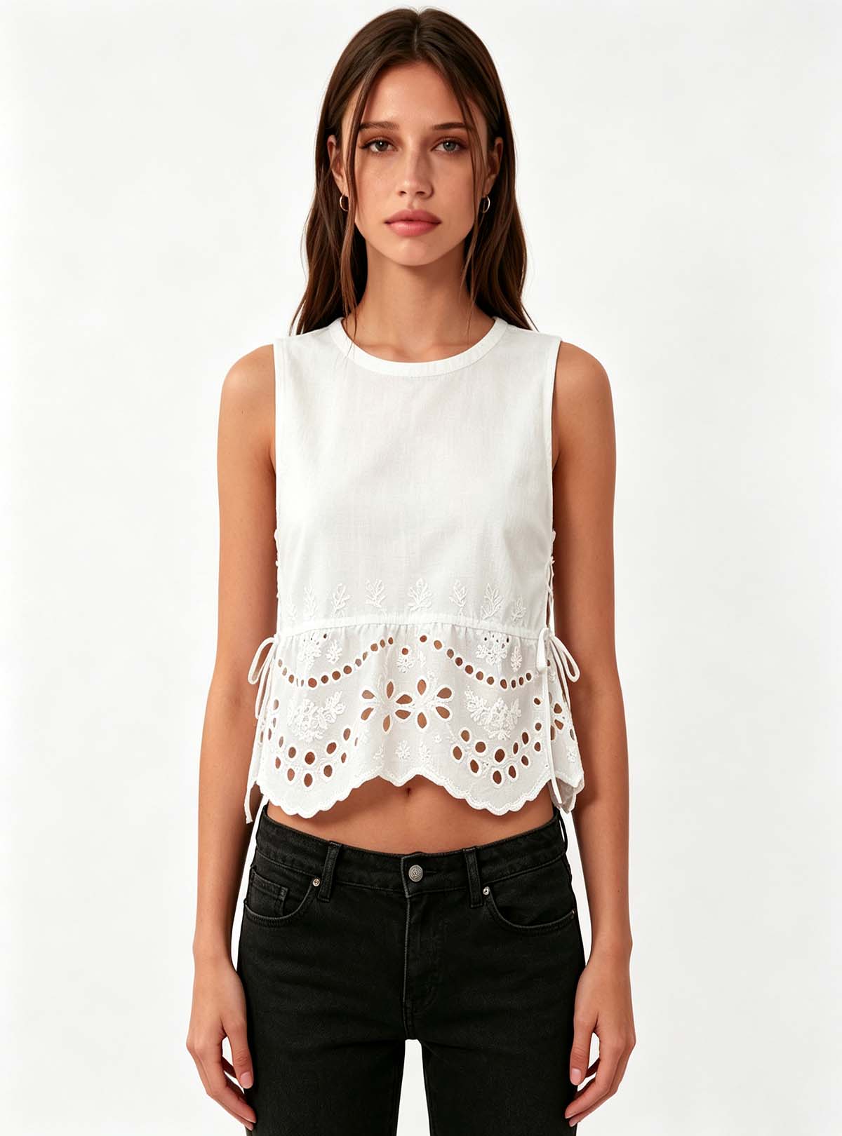 Haideyu White Eyelet Embroidered Sleeveless Crop Top, Women Side Tie Casual Blouse, OEM Custom Apparel