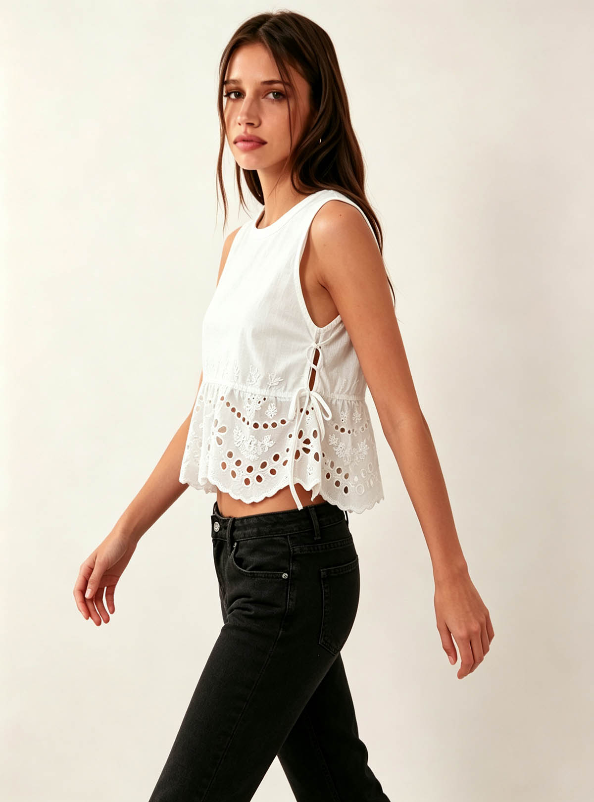 Haideyu Women White Eyelet Embroidered Sleeveless Crop Top, Custom Summer Casual Blouse, OEM Clothing Service