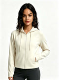 Haideyu OEM cream cropped full zip hooded yoga jacket front view, women stretch workout hoodie