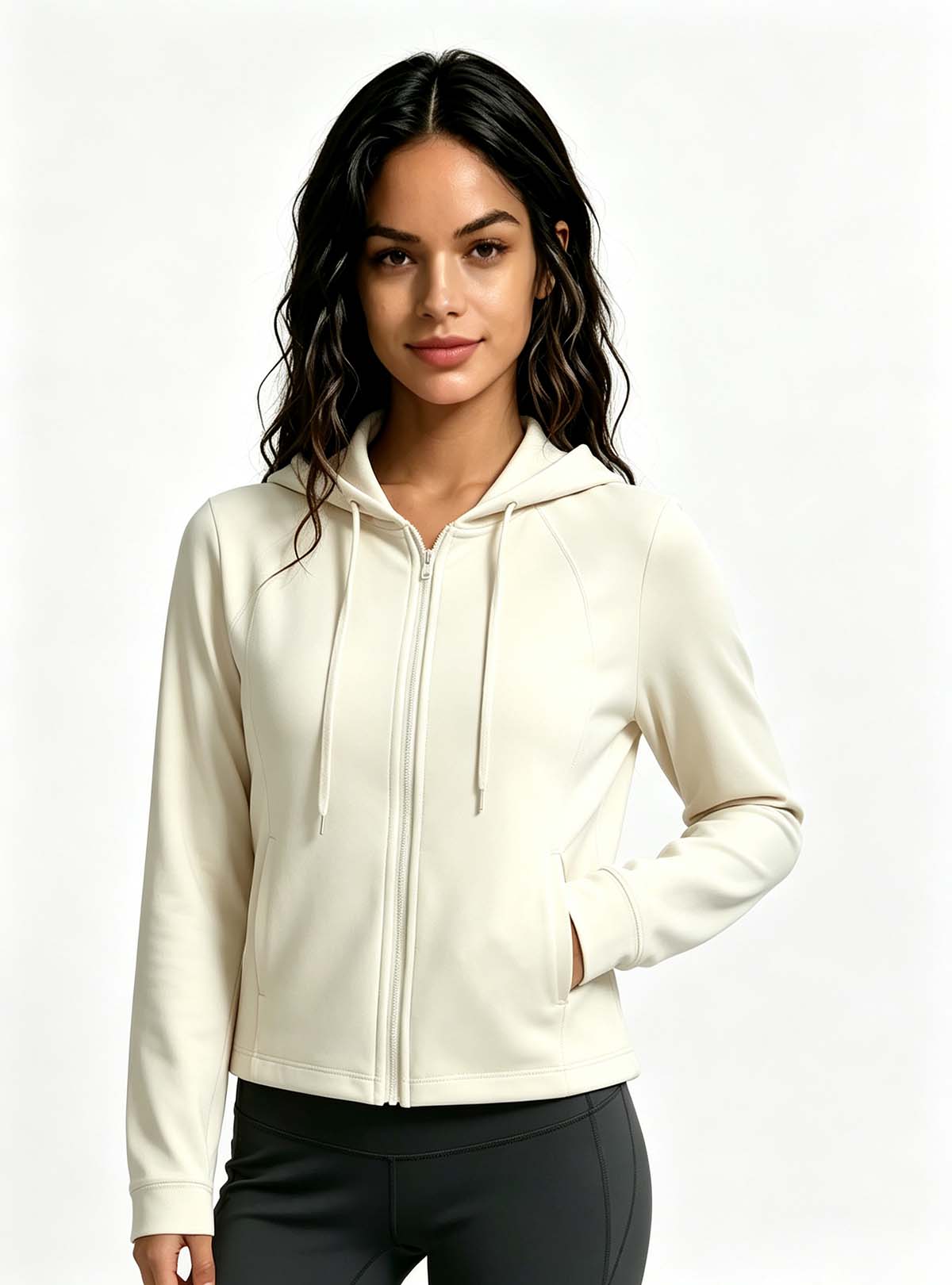 Haideyu OEM cream cropped full zip hooded yoga jacket front view, women stretch workout hoodie