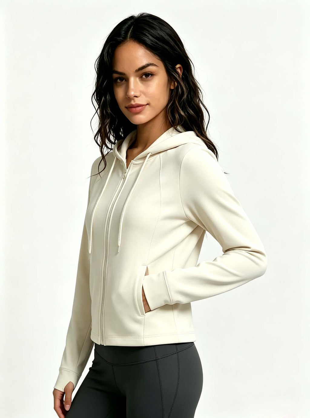 Haideyu OEM cropped full zip hooded yoga jacket side view, fitted stretch workout hoodie