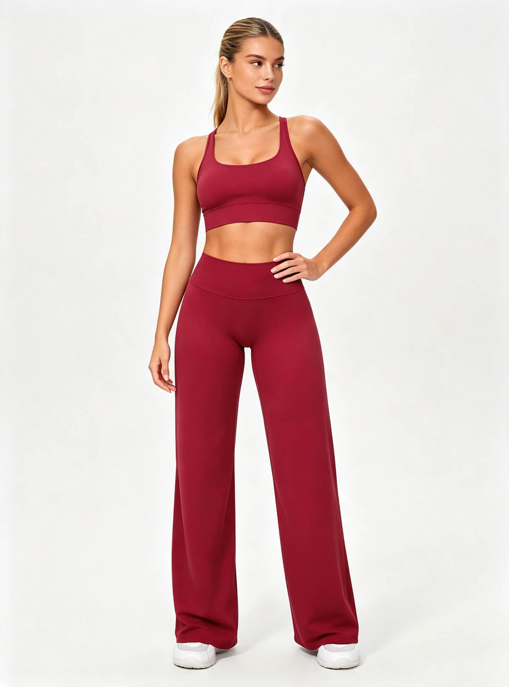 Haideyu Wine‑Red High‑Waisted Wide‑Leg Yoga Trousers, Front‑Angle Studio Photograph, Soft Stretchy Women Casual Active‑Wear for Private‑Label OEM ODM Manufacturing