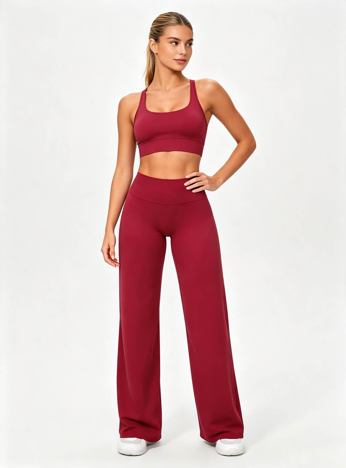 Haideyu Wine‑Red High‑Waisted Wide‑Leg Yoga Trousers, Front‑Angle Studio Photograph, Soft Stretchy Women Casual Active‑Wear for Private‑Label OEM ODM Manufacturing