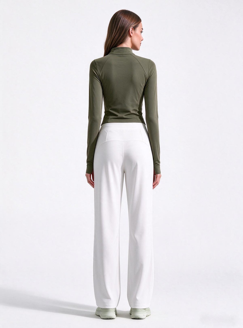 Haideyu ODM women cloud stretch wide leg pants, white background back view, stretch active wear trousers custom production