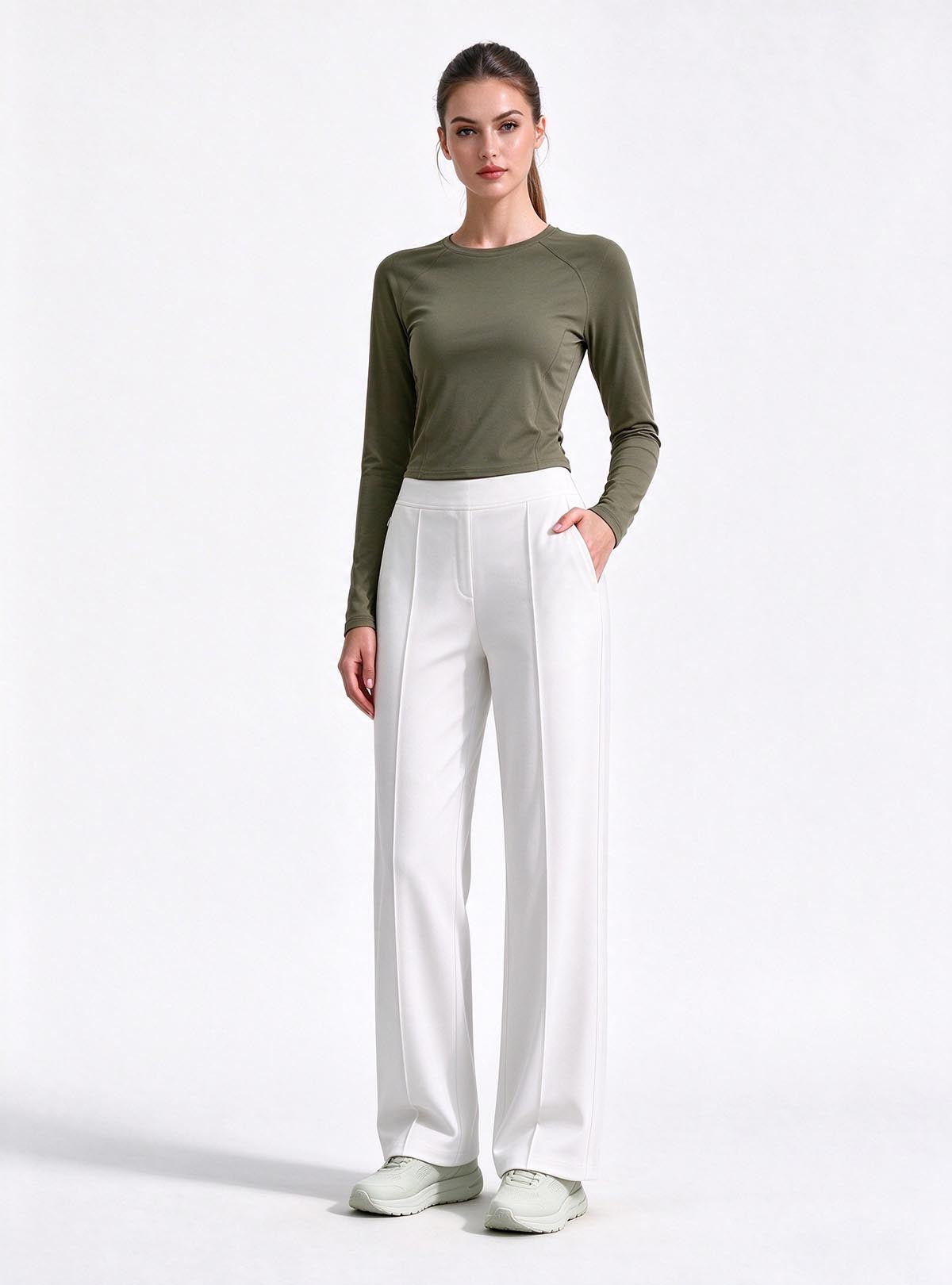 Haideyu custom OEM women cloud stretch wide leg pants, white background front view model shot, high waist tailored active trousers