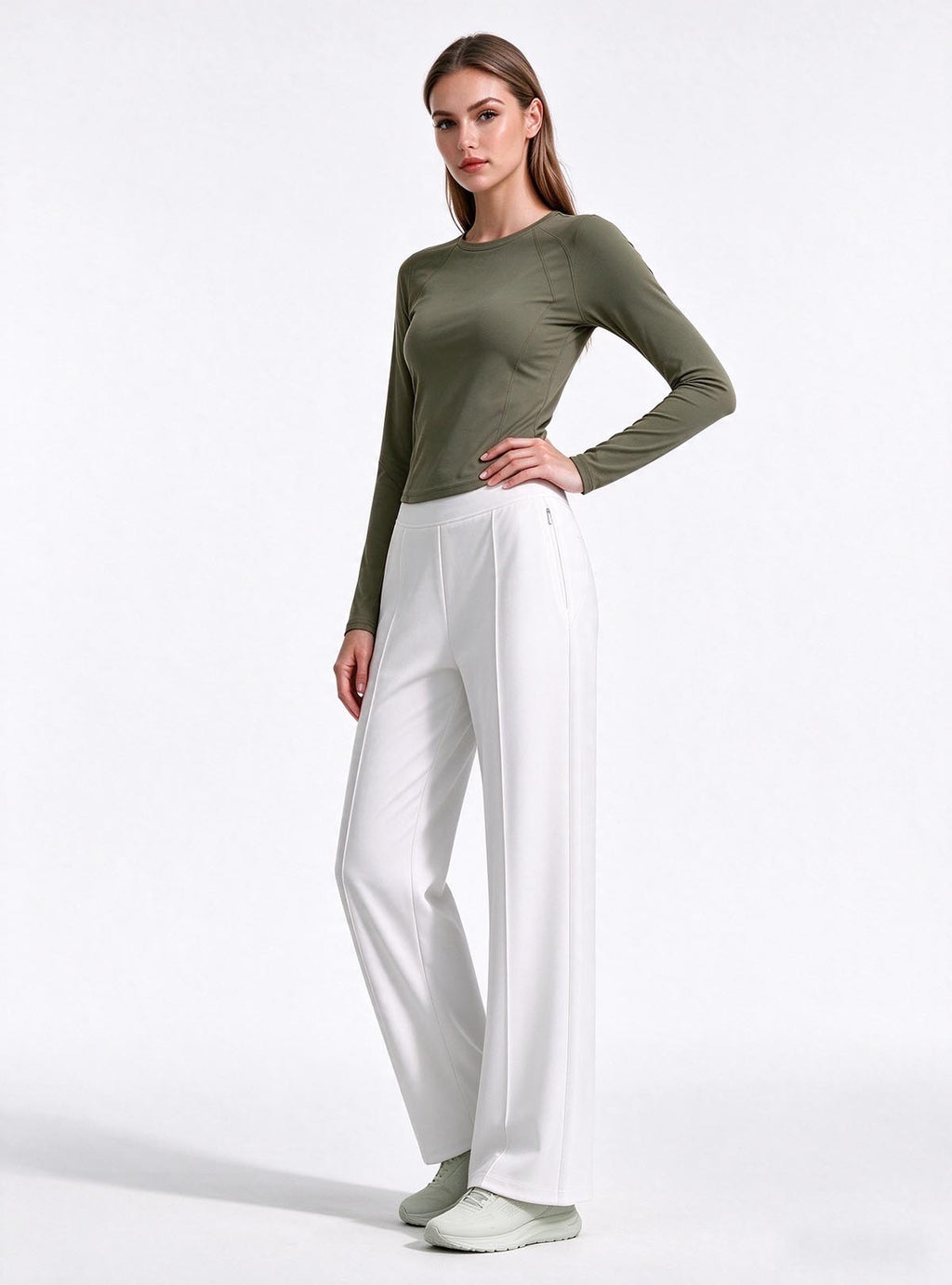 Haideyu custom made women cloud stretch wide leg pants, white background side profile model photo, high waist sports trousers