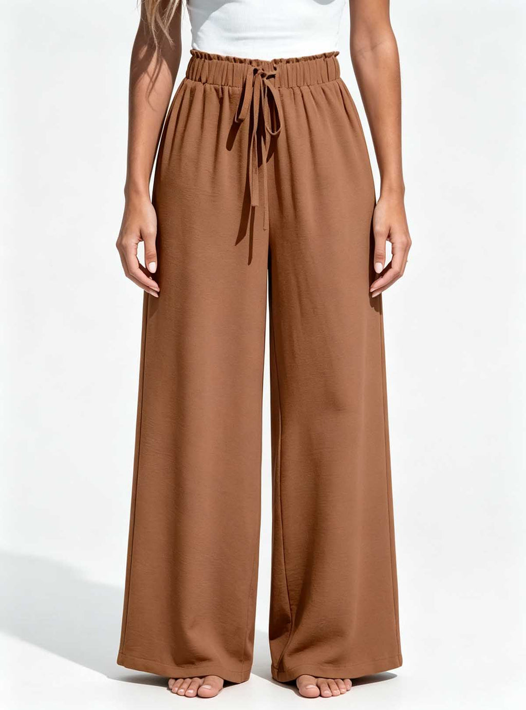 Haideyu OEM women high waist waffle wide leg pants, ruffle elastic waist drawstring casual trousers, white studio background