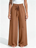 Haideyu OEM women high waist waffle wide leg pants, ruffle elastic waist drawstring casual trousers, white studio background