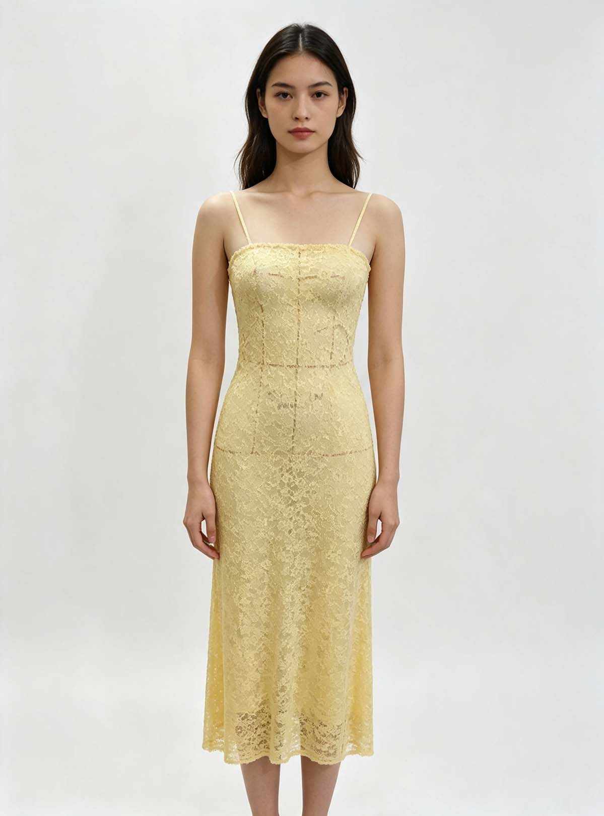 Haideyu Pale Yellow Spaghetti Strap Lace Bodycon Midi Dress, Bespoke Women Evening Casual Dress OEM ODM Custom Clothing Manufacturing