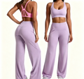 Haideyu custom women light purple 2 piece workout set front view, seamless scoop neck sports bra high waist flared yoga pants plain white background OEM activewear