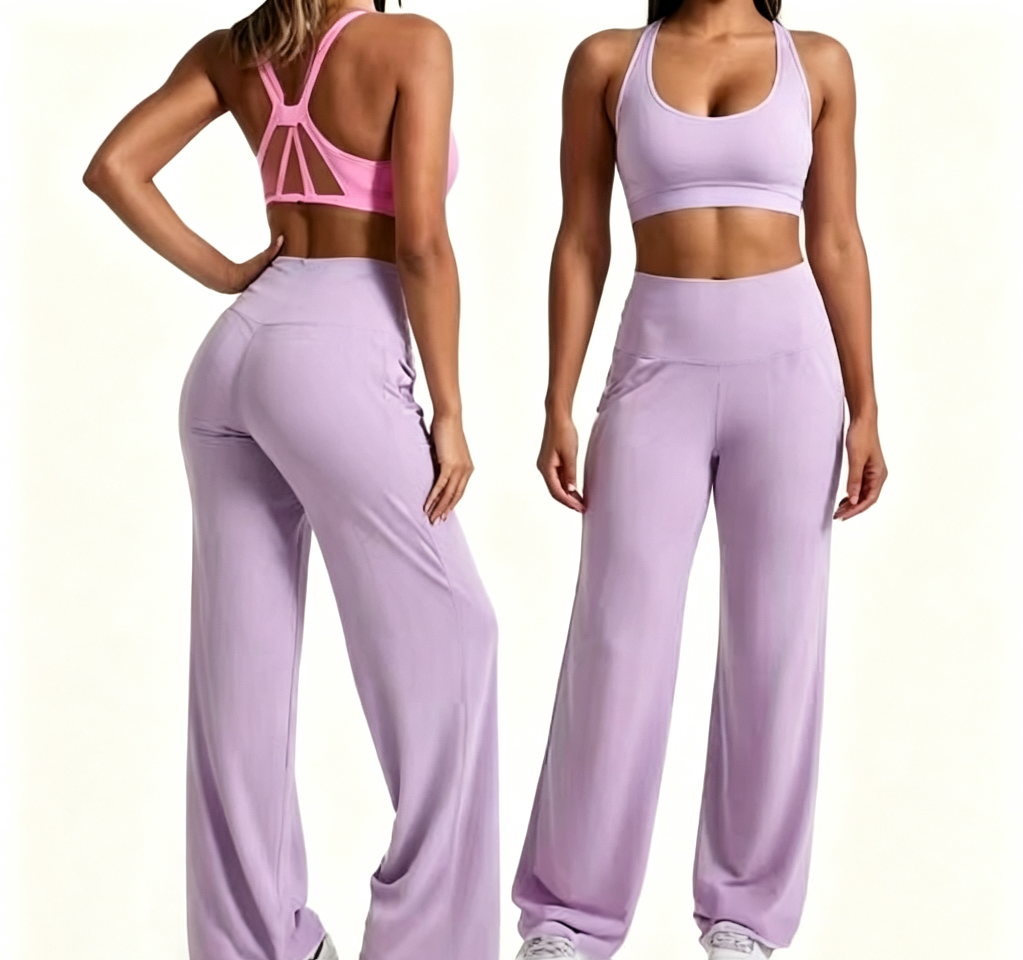 Haideyu custom women light purple 2 piece workout set front view, seamless scoop neck sports bra high waist flared yoga pants plain white background OEM activewear