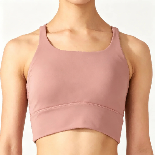 Women seamless cropped yoga bustier dusty pink front fit model shot, custom activewear from Haideyu factory