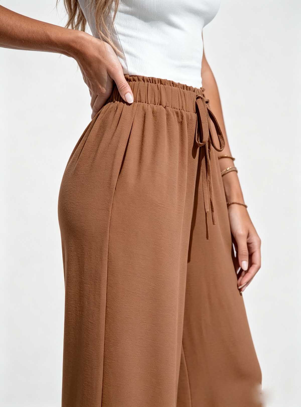 Haideyu custom women waffle wide leg pants side shot, elastic ruffle waist casual flowy trousers for OEM clothing
