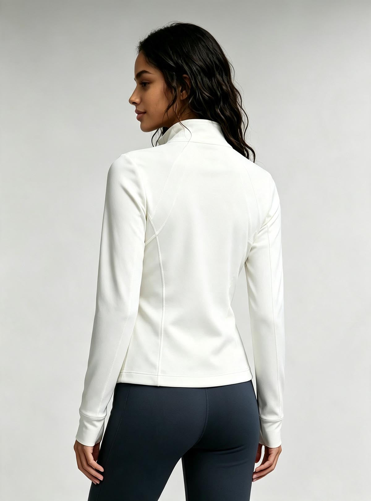 Haideyu women cropped zip yoga jacket white back view, OEM custom fitness workout coat