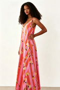 Haideyu women custom sleeveless V neck maxi dress, pink red striped with yellow floral print, front view OEM bulk clothing from factory