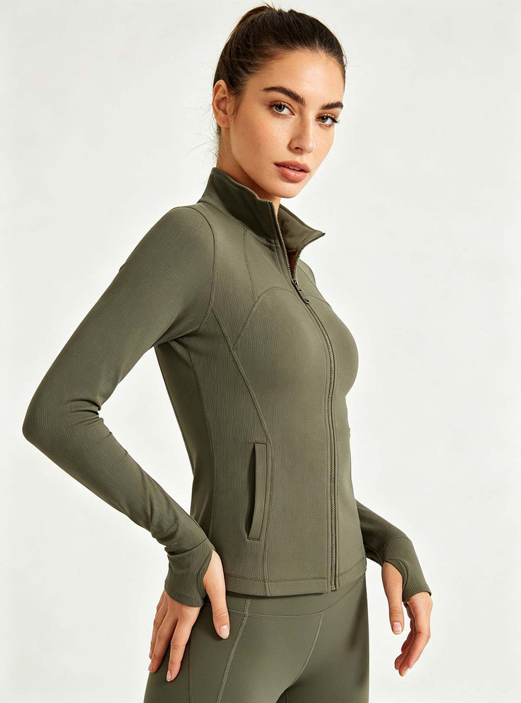 Haideyu women sports zip yoga jacket showing zipper side pockets, custom OEM fitness outerwear
