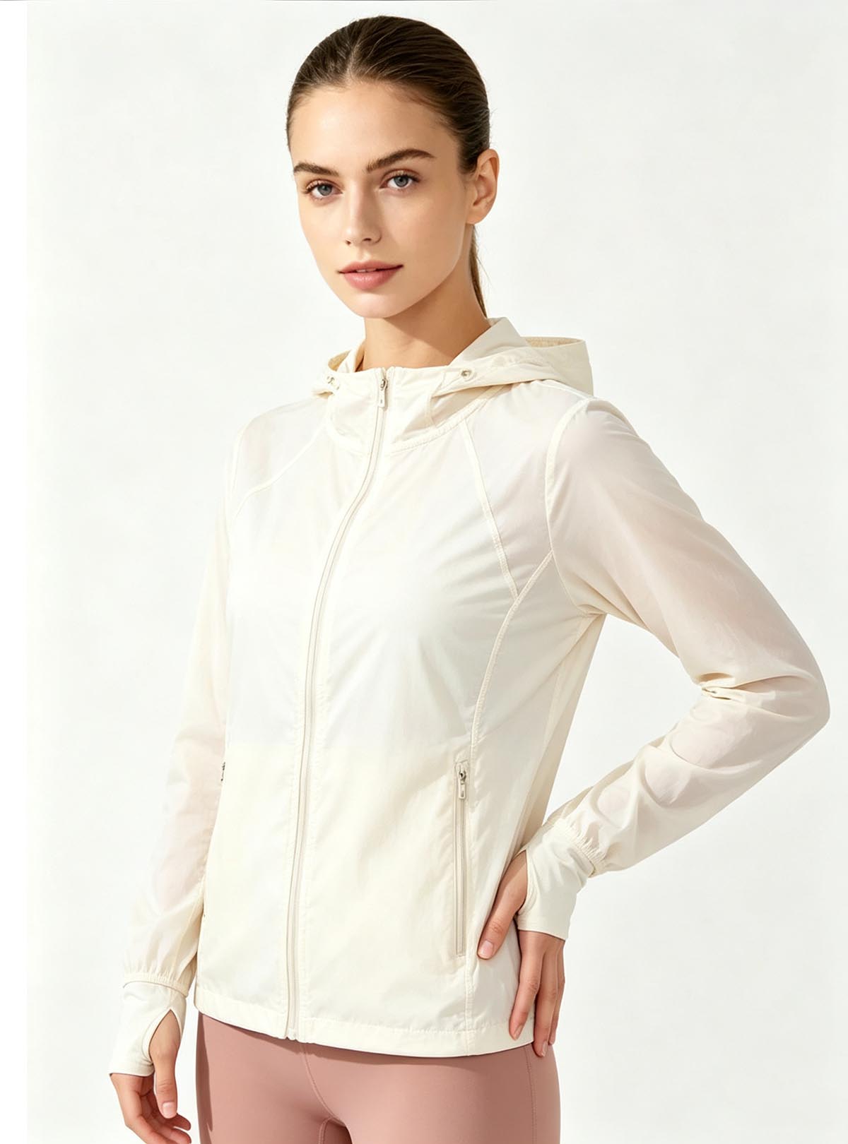 Haideyu custom women full zip sun protection hooded jacket, 45 degree side view, lightweight outdoor coat, pure white studio background, OEM apparel