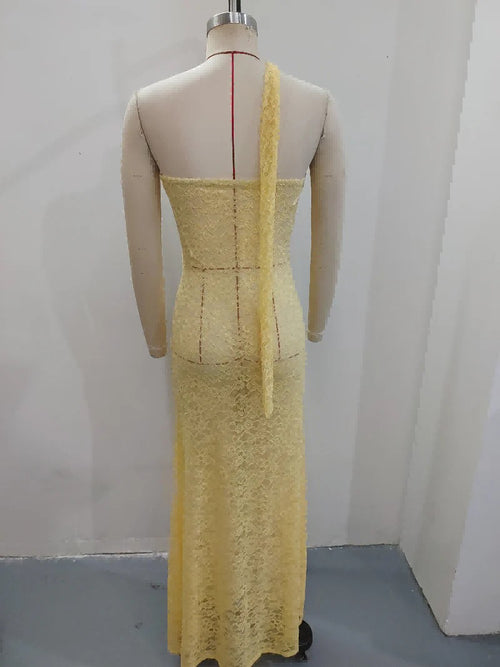 Back detail of Haideyu custom yellow lace halter maxi dress, strapless bodycon evening gown custom OEM ODM