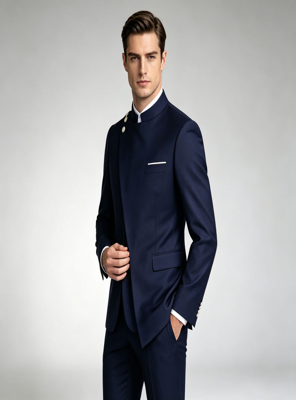 Haideyu tailored navy mandarin collar men suit, model side pose, unique diagonal button placket detail