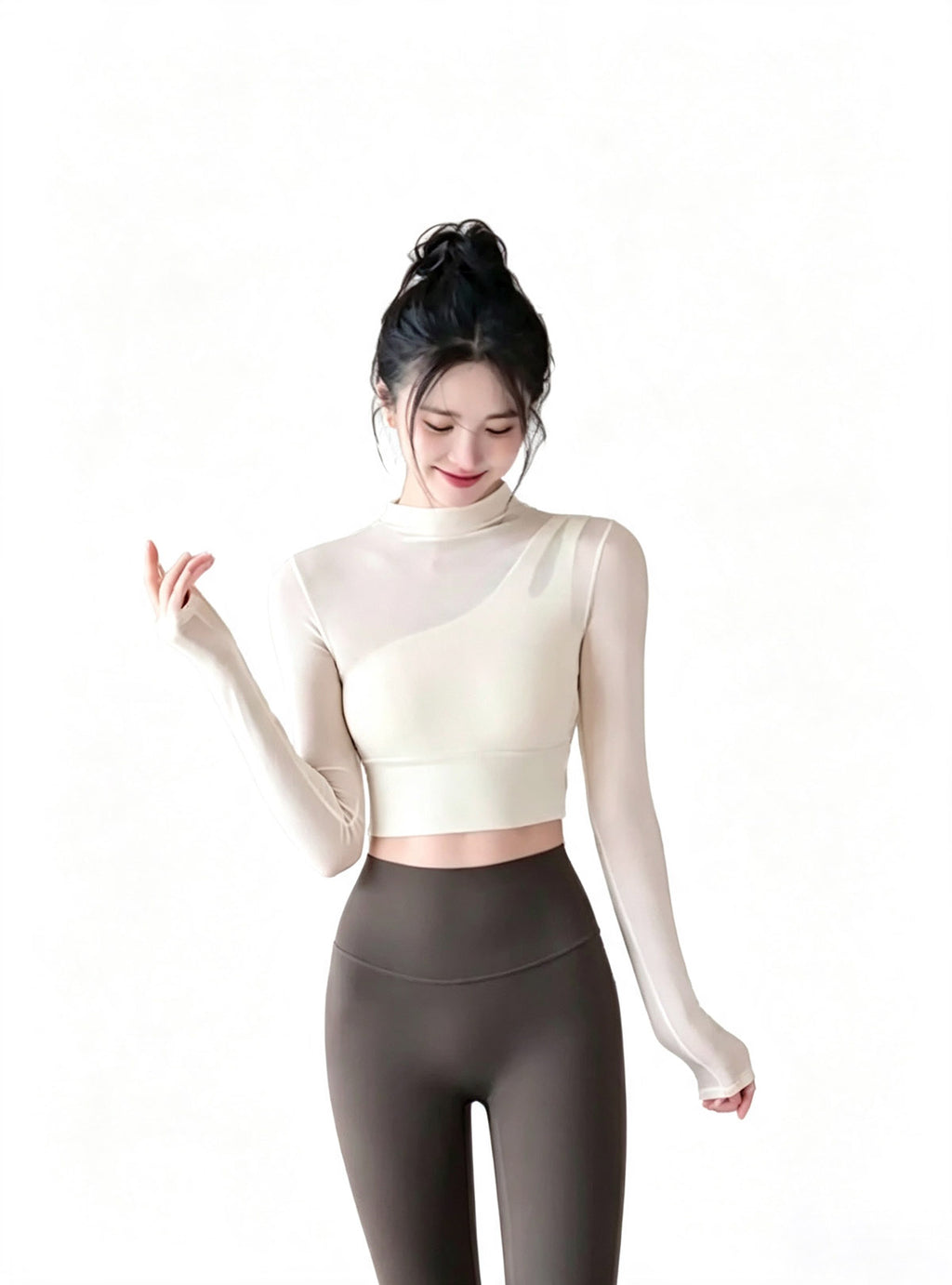 Haideyu Women Asymmetrical Sheer Mesh Long Sleeve Yoga Crop Top, Soft Stretchy Mock‑neck Workout Athletic Shirt For Daily Gym Training