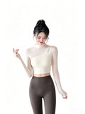Haideyu Women Asymmetrical Sheer Mesh Long Sleeve Yoga Crop Top, Soft Stretchy Mock‑neck Workout Athletic Shirt For Daily Gym Training