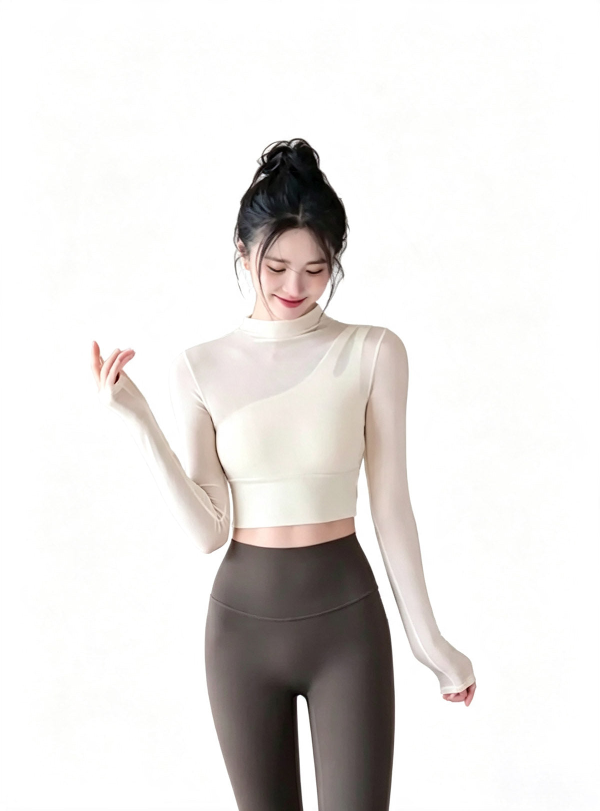 Haideyu Women Asymmetrical Sheer Mesh Long Sleeve Yoga Crop Top, Soft Stretchy Mock‑neck Workout Athletic Shirt For Daily Gym Training