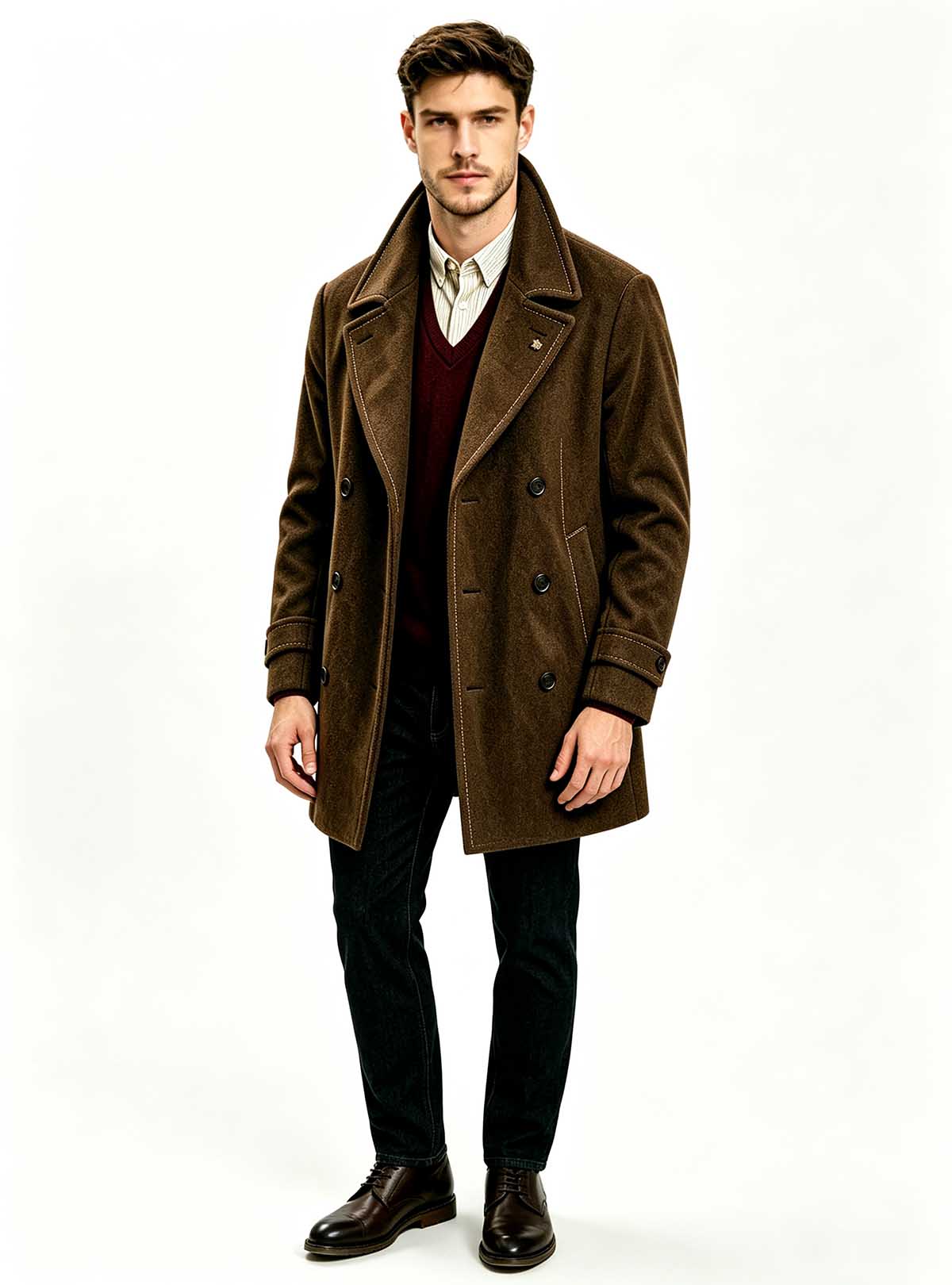 `Close‑up fabric texture detail of Haideyu brown wool long overcoat, premium wool material for custom men winter outerwear`